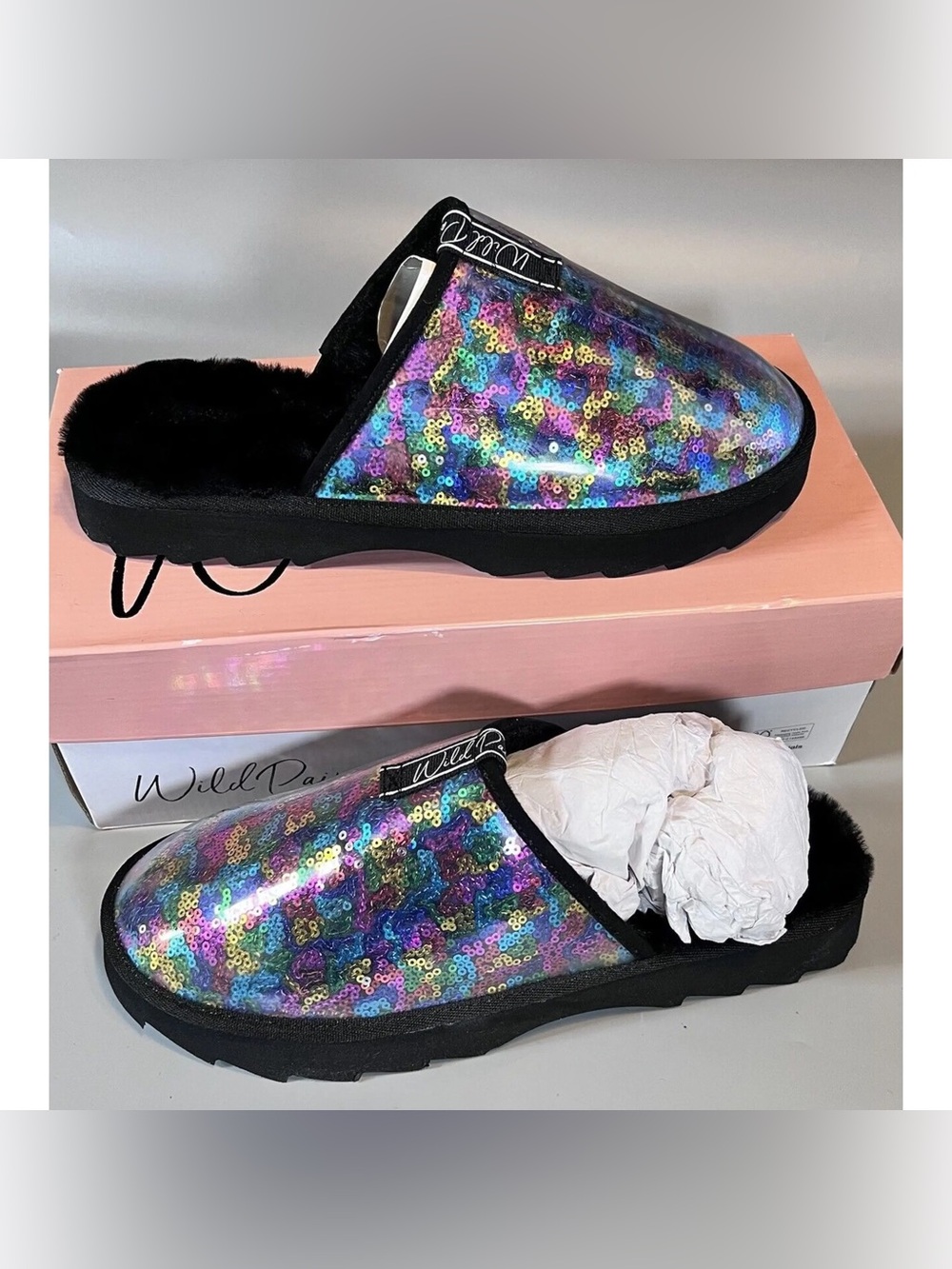Wild Pair Multicolor Sequin Fuzzy Slip-On Mules